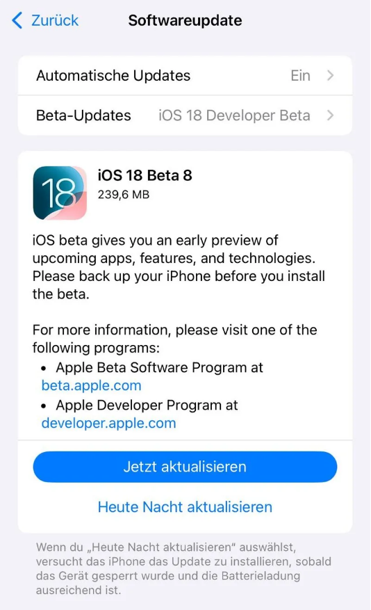 运粮湖管理区苹果手机维修分享苹果 iOS / iPadOS 18 开发者预览版 Beta 8 发布 